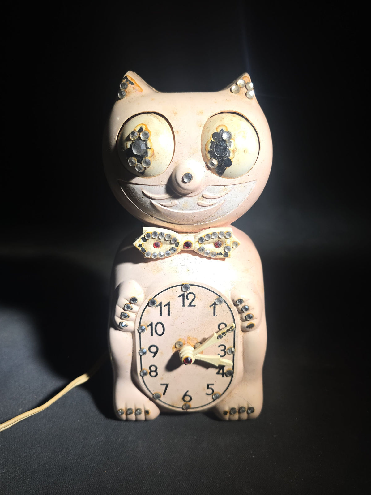 Vintage Pink Kit Cat Klock Model D8 Electric Wall Clock with Rhinestone Accents, Manufactured by California Clock Co., San Juan Capistrano, California