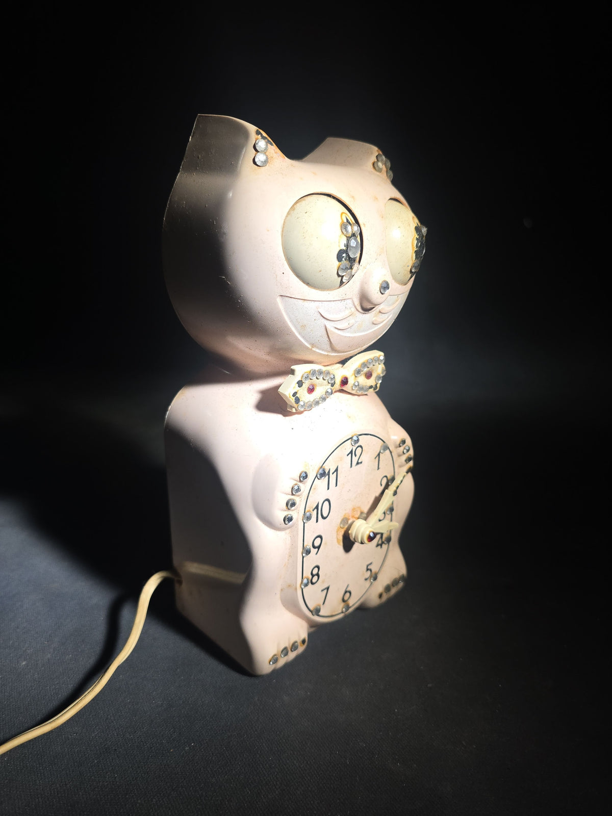Vintage Pink Kit Cat Klock Model D8 Electric Wall Clock with Rhinestone Accents, Manufactured by California Clock Co., San Juan Capistrano, California