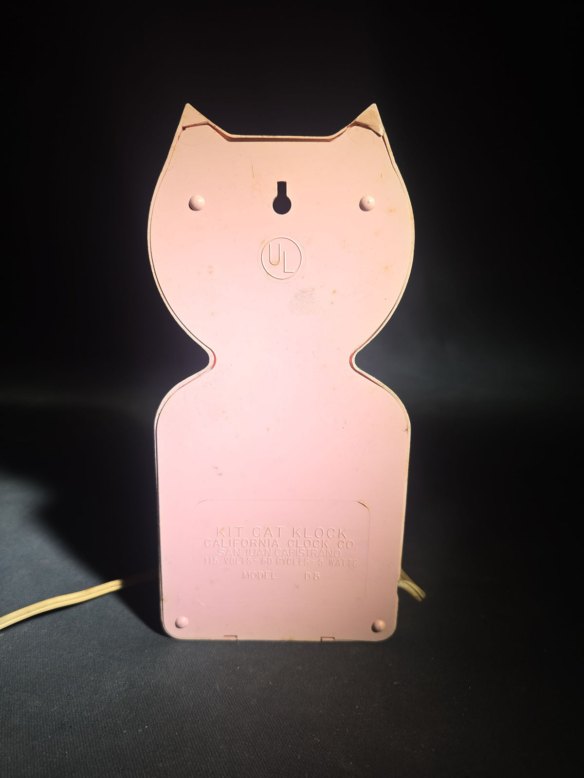 Vintage Pink Kit Cat Klock Model D8 Electric Wall Clock with Rhinestone Accents, Manufactured by California Clock Co., San Juan Capistrano, California