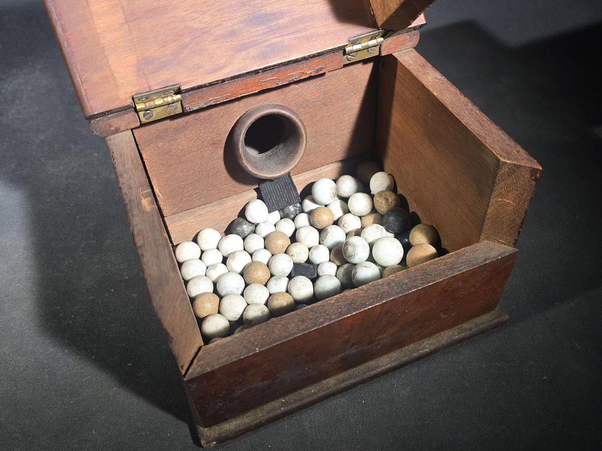 Antique Wooden Fraternal Ballot Box with Clay Voting Balls