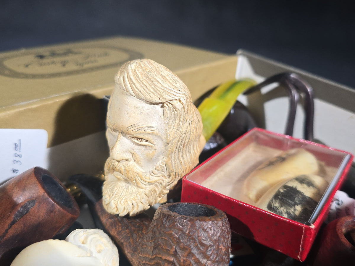 Grouping of Antique and Vintage Smalls including Meerschaum and Briar Smoking Pipes, Sterling Silver Reticulated Tray, Solid Copper Cuban Link Bracelet, and Scrimshaw-Style Carved Horn Pieces