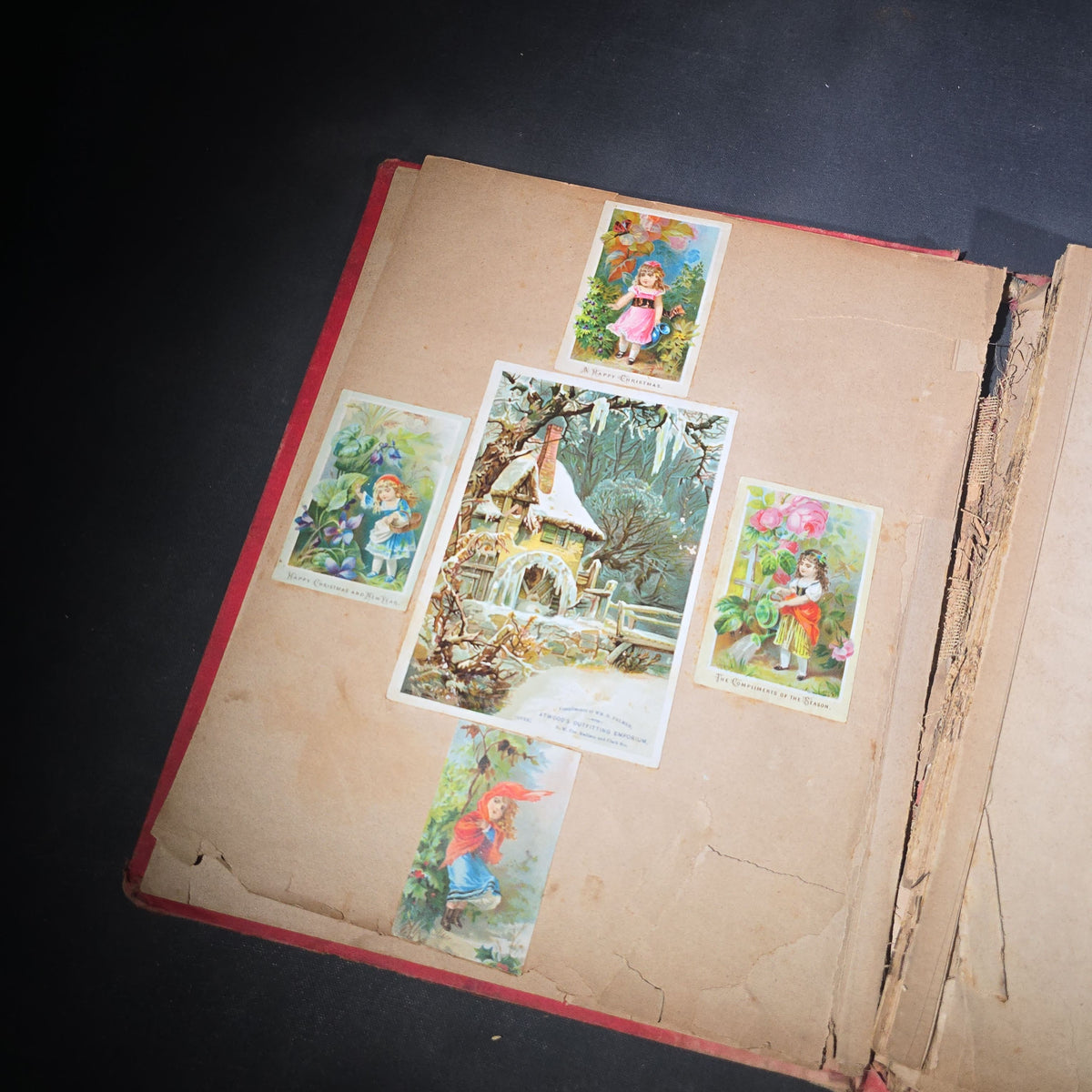 Antique Victorian "Scraps" Scrapbook Album with Over 100 Chromolithograph Trade Cards, Die Cuts, Greeting Cards, and Prints including Hires Root Beer, Great Atlantic & Pacific Tea Co., and Raphael Tuck & Sons