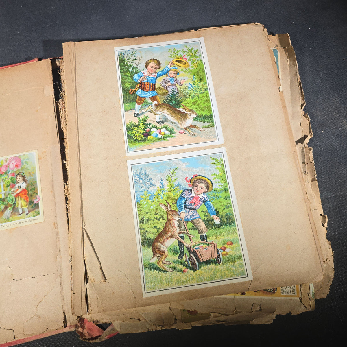 Antique Victorian "Scraps" Scrapbook Album with Over 100 Chromolithograph Trade Cards, Die Cuts, Greeting Cards, and Prints including Hires Root Beer, Great Atlantic & Pacific Tea Co., and Raphael Tuck & Sons