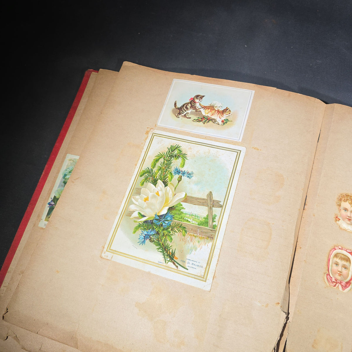 Antique Victorian "Scraps" Scrapbook Album with Over 100 Chromolithograph Trade Cards, Die Cuts, Greeting Cards, and Prints including Hires Root Beer, Great Atlantic & Pacific Tea Co., and Raphael Tuck & Sons