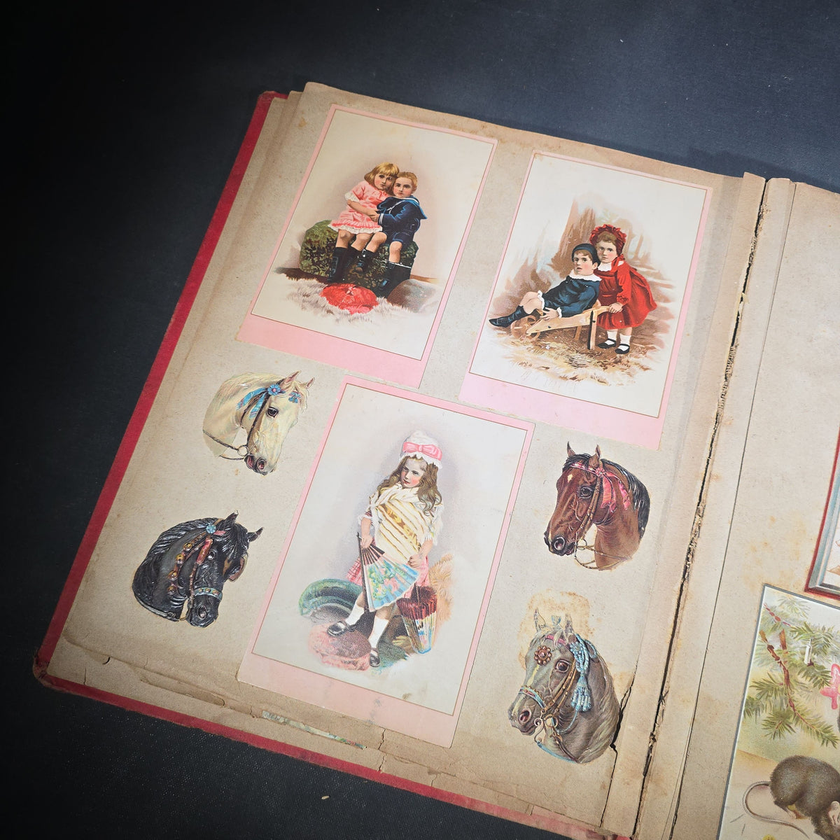 Antique Victorian "Scraps" Scrapbook Album with Over 100 Chromolithograph Trade Cards, Die Cuts, Greeting Cards, and Prints including Hires Root Beer, Great Atlantic & Pacific Tea Co., and Raphael Tuck & Sons