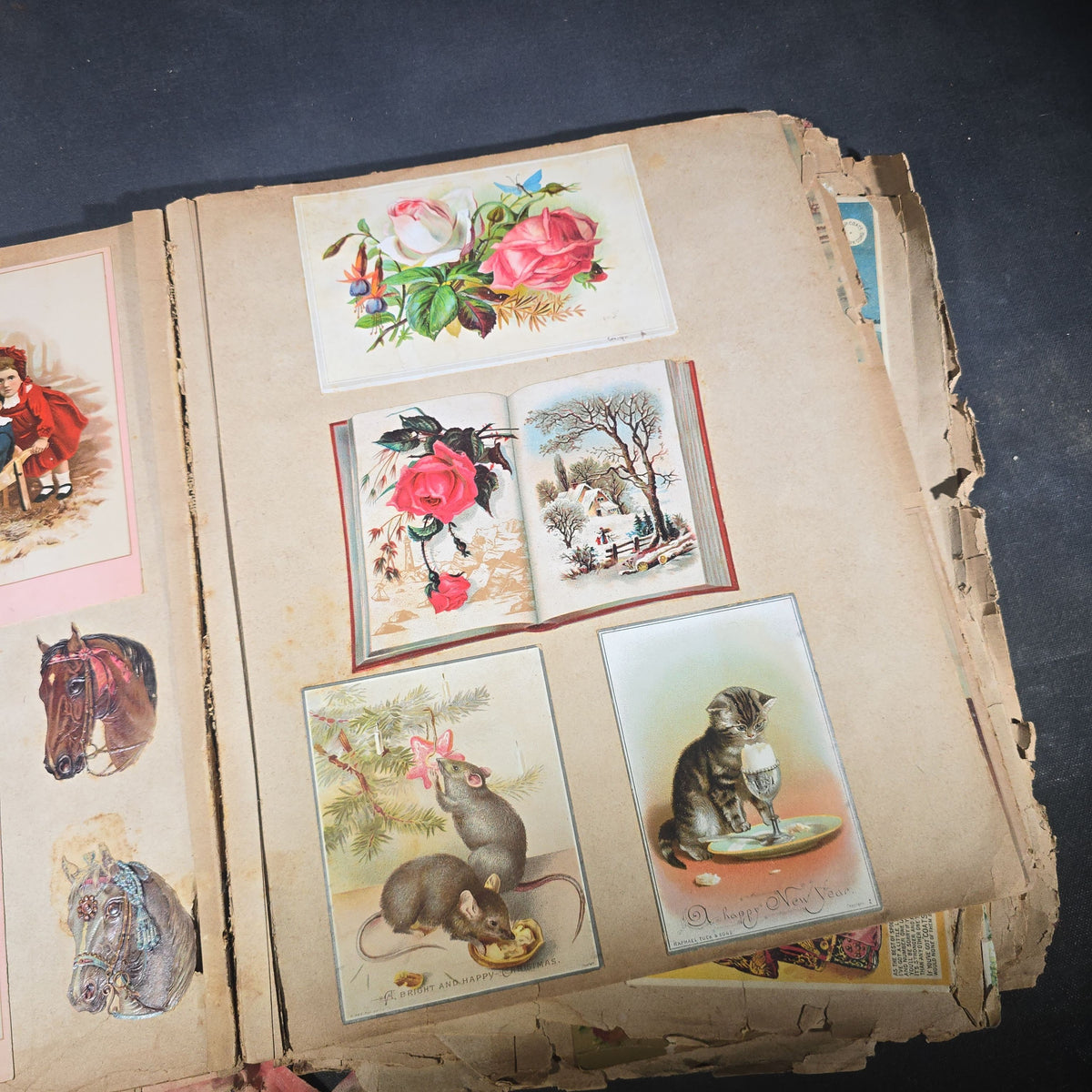 Antique Victorian "Scraps" Scrapbook Album with Over 100 Chromolithograph Trade Cards, Die Cuts, Greeting Cards, and Prints including Hires Root Beer, Great Atlantic & Pacific Tea Co., and Raphael Tuck & Sons