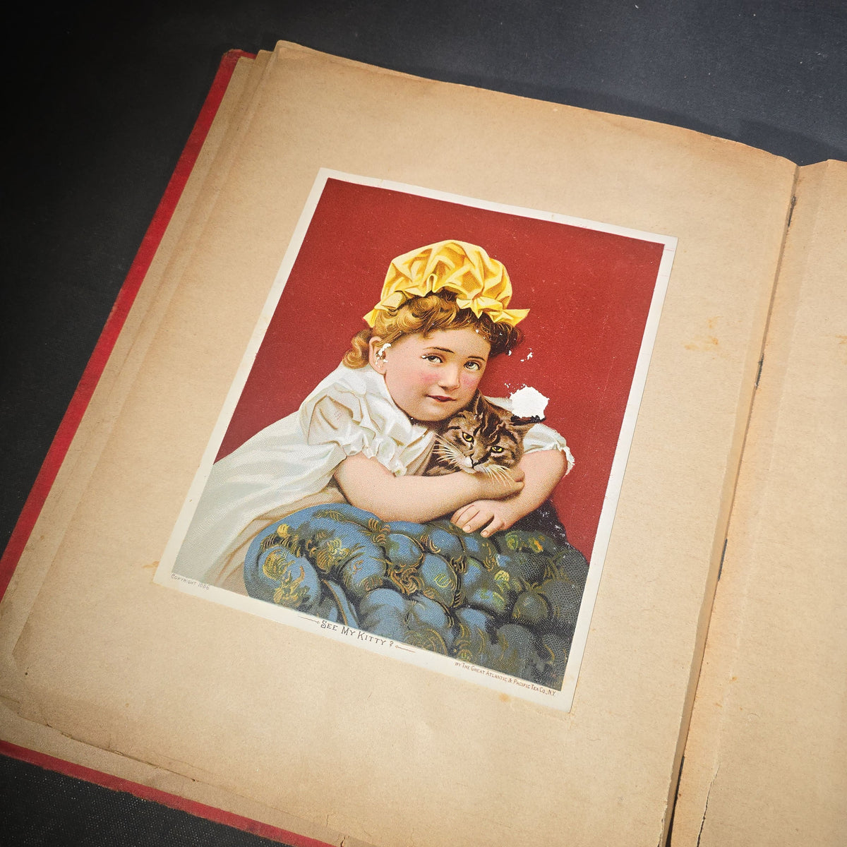 Antique Victorian "Scraps" Scrapbook Album with Over 100 Chromolithograph Trade Cards, Die Cuts, Greeting Cards, and Prints including Hires Root Beer, Great Atlantic & Pacific Tea Co., and Raphael Tuck & Sons