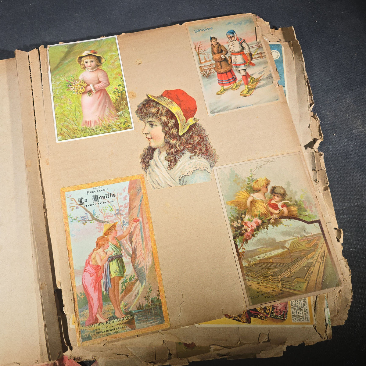 Antique Victorian "Scraps" Scrapbook Album with Over 100 Chromolithograph Trade Cards, Die Cuts, Greeting Cards, and Prints including Hires Root Beer, Great Atlantic & Pacific Tea Co., and Raphael Tuck & Sons