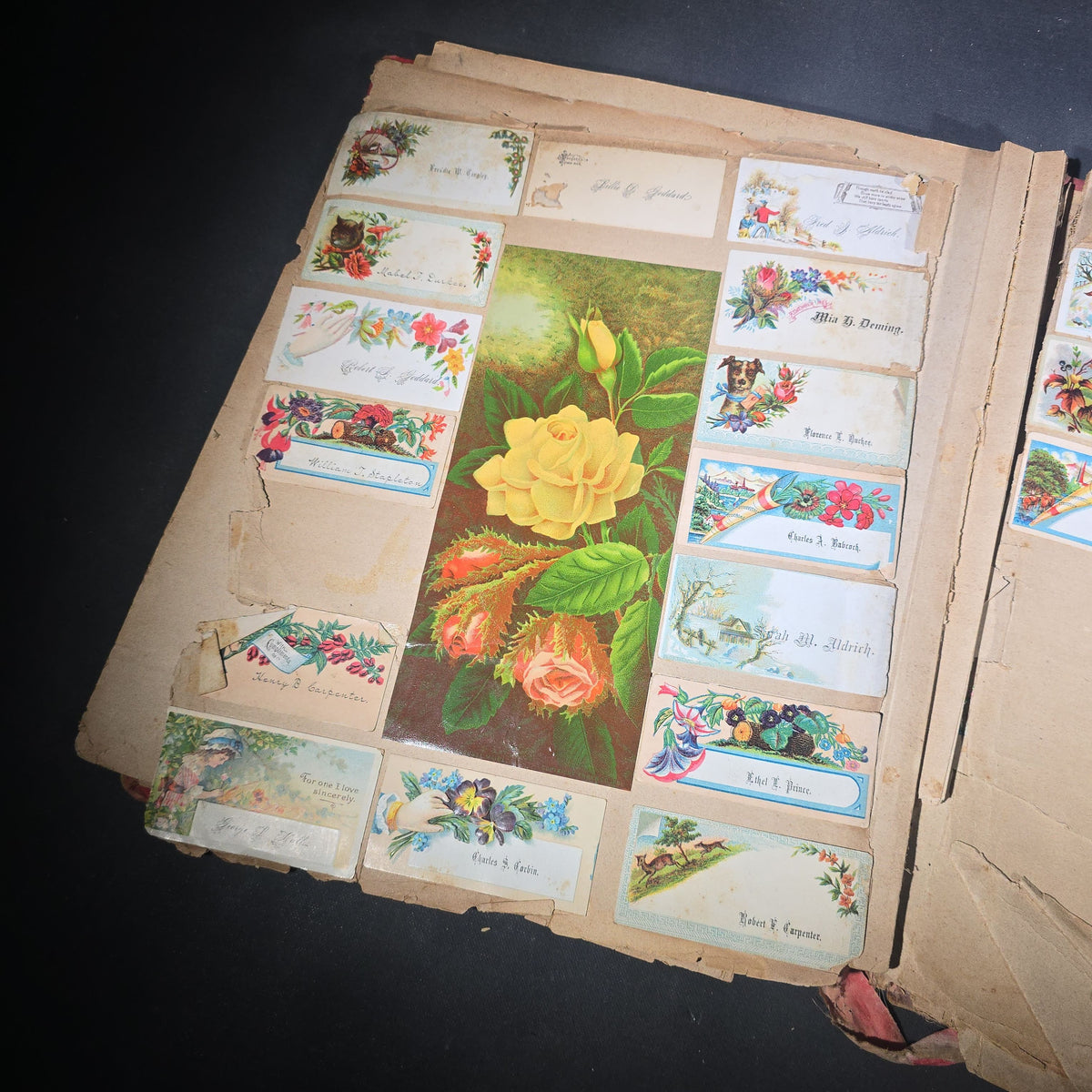Antique Victorian "Scraps" Scrapbook Album with Over 100 Chromolithograph Trade Cards, Die Cuts, Greeting Cards, and Prints including Hires Root Beer, Great Atlantic & Pacific Tea Co., and Raphael Tuck & Sons