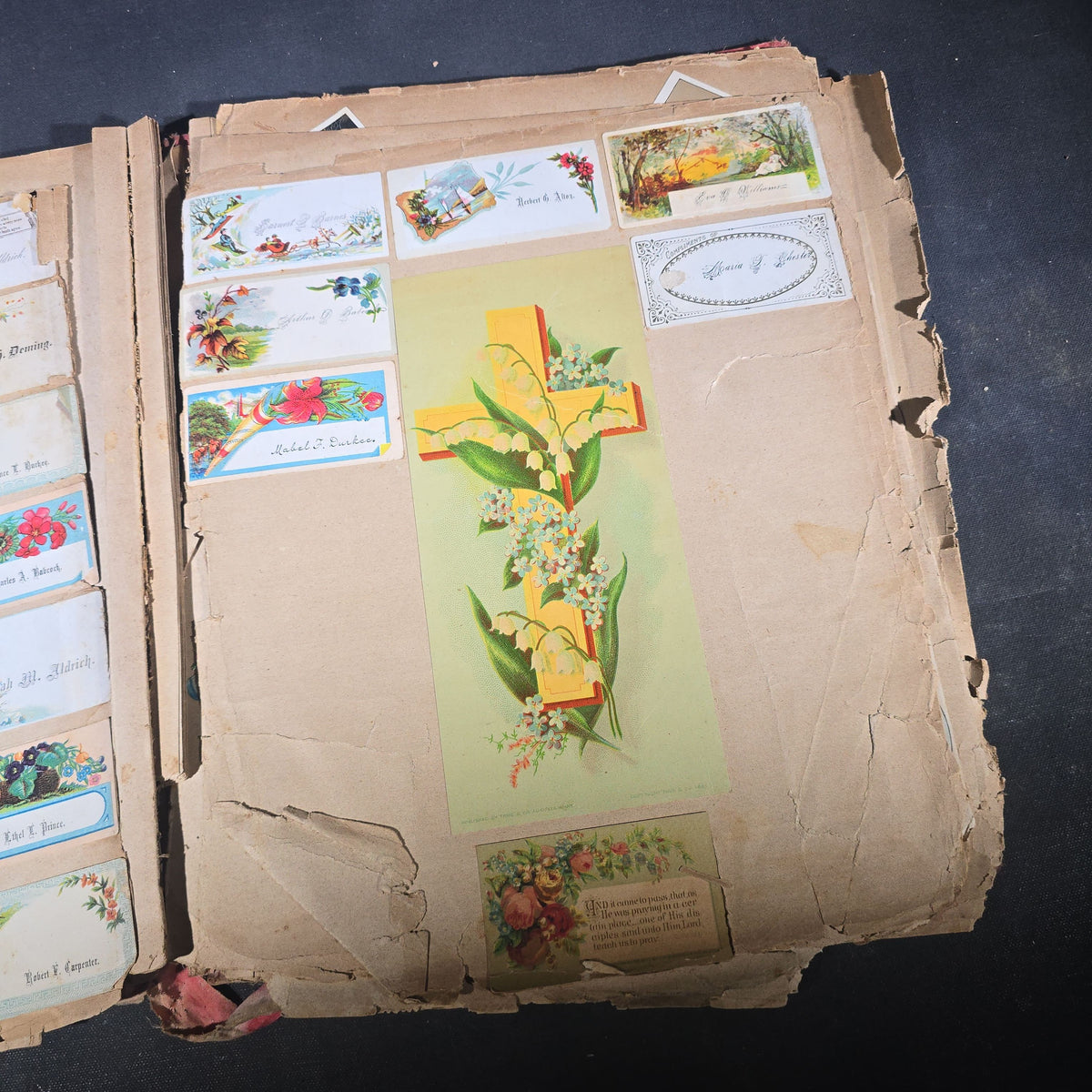 Antique Victorian "Scraps" Scrapbook Album with Over 100 Chromolithograph Trade Cards, Die Cuts, Greeting Cards, and Prints including Hires Root Beer, Great Atlantic & Pacific Tea Co., and Raphael Tuck & Sons