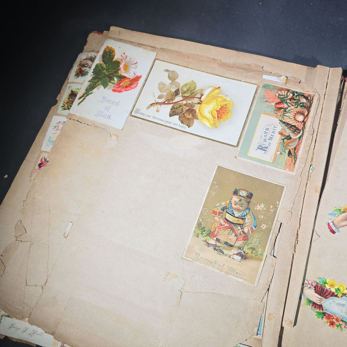 Antique Victorian "Scraps" Scrapbook Album with Over 100 Chromolithograph Trade Cards, Die Cuts, Greeting Cards, and Prints including Hires Root Beer, Great Atlantic & Pacific Tea Co., and Raphael Tuck & Sons