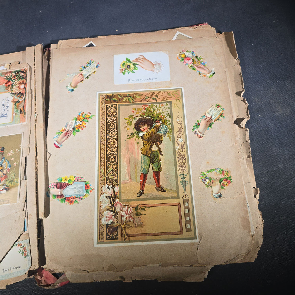 Antique Victorian "Scraps" Scrapbook Album with Over 100 Chromolithograph Trade Cards, Die Cuts, Greeting Cards, and Prints including Hires Root Beer, Great Atlantic & Pacific Tea Co., and Raphael Tuck & Sons