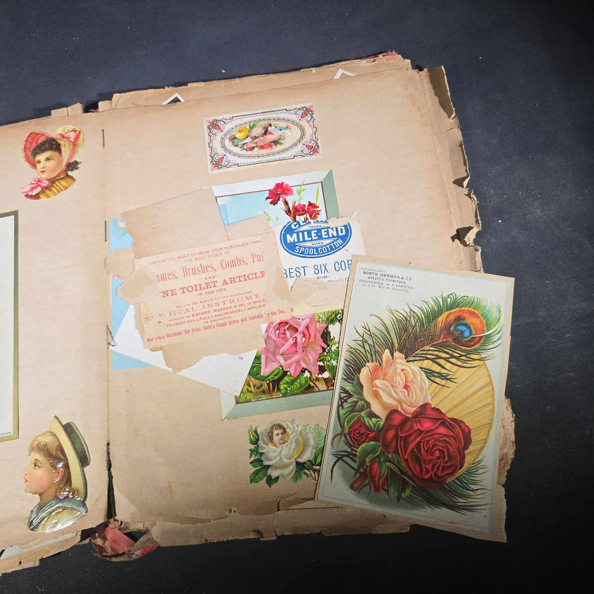 Antique Victorian "Scraps" Scrapbook Album with Over 100 Chromolithograph Trade Cards, Die Cuts, Greeting Cards, and Prints including Hires Root Beer, Great Atlantic & Pacific Tea Co., and Raphael Tuck & Sons