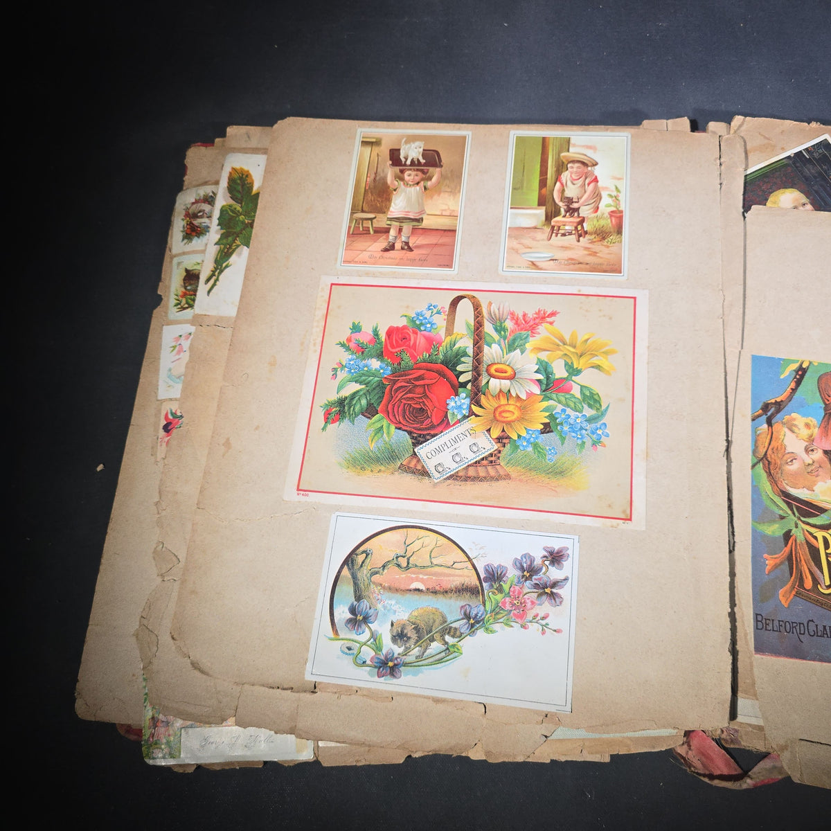 Antique Victorian "Scraps" Scrapbook Album with Over 100 Chromolithograph Trade Cards, Die Cuts, Greeting Cards, and Prints including Hires Root Beer, Great Atlantic & Pacific Tea Co., and Raphael Tuck & Sons