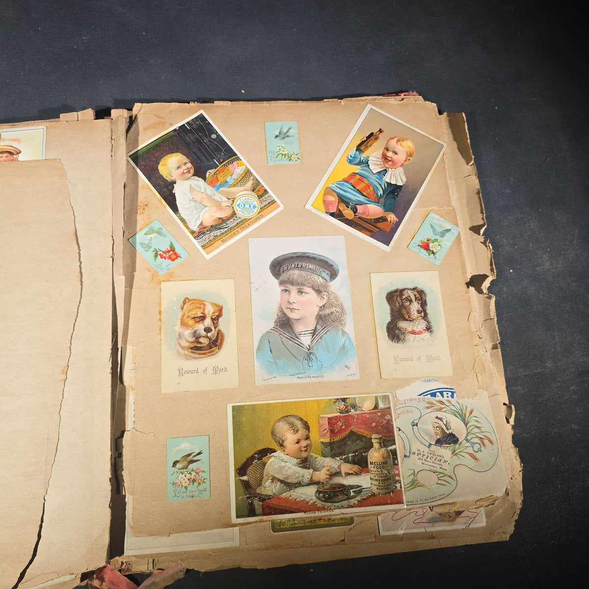 Antique Victorian "Scraps" Scrapbook Album with Over 100 Chromolithograph Trade Cards, Die Cuts, Greeting Cards, and Prints including Hires Root Beer, Great Atlantic & Pacific Tea Co., and Raphael Tuck & Sons