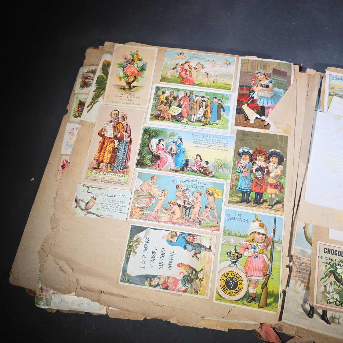 Antique Victorian "Scraps" Scrapbook Album with Over 100 Chromolithograph Trade Cards, Die Cuts, Greeting Cards, and Prints including Hires Root Beer, Great Atlantic & Pacific Tea Co., and Raphael Tuck & Sons