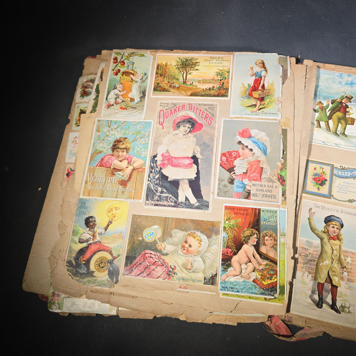 Antique Victorian "Scraps" Scrapbook Album with Over 100 Chromolithograph Trade Cards, Die Cuts, Greeting Cards, and Prints including Hires Root Beer, Great Atlantic & Pacific Tea Co., and Raphael Tuck & Sons