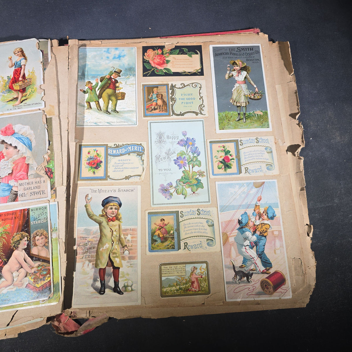 Antique Victorian "Scraps" Scrapbook Album with Over 100 Chromolithograph Trade Cards, Die Cuts, Greeting Cards, and Prints including Hires Root Beer, Great Atlantic & Pacific Tea Co., and Raphael Tuck & Sons