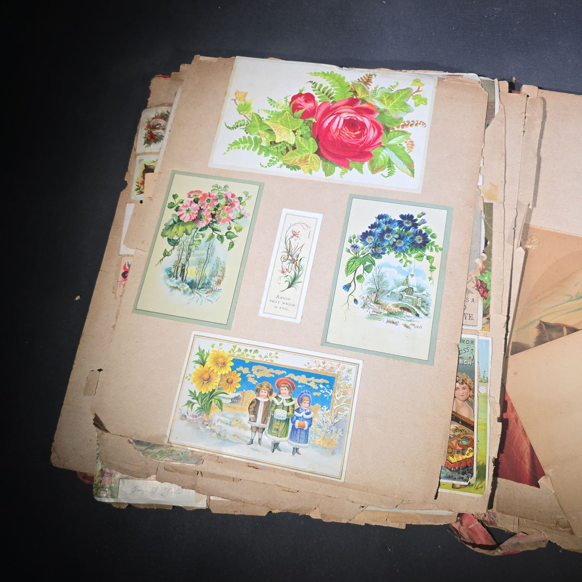 Antique Victorian "Scraps" Scrapbook Album with Over 100 Chromolithograph Trade Cards, Die Cuts, Greeting Cards, and Prints including Hires Root Beer, Great Atlantic & Pacific Tea Co., and Raphael Tuck & Sons