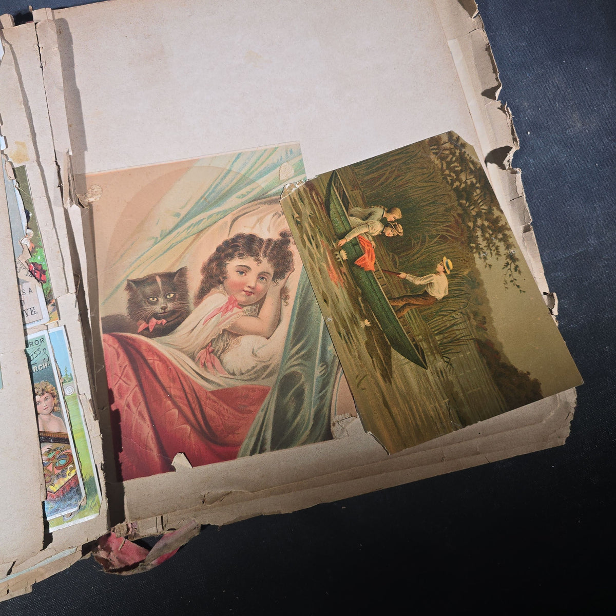 Antique Victorian "Scraps" Scrapbook Album with Over 100 Chromolithograph Trade Cards, Die Cuts, Greeting Cards, and Prints including Hires Root Beer, Great Atlantic & Pacific Tea Co., and Raphael Tuck & Sons