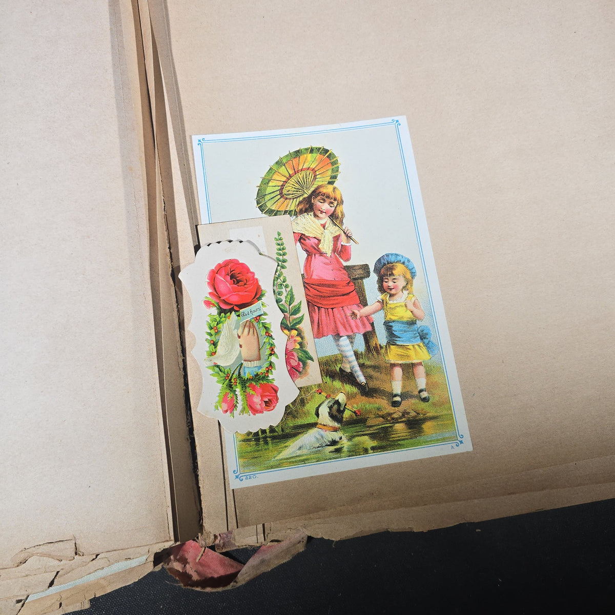 Antique Victorian "Scraps" Scrapbook Album with Over 100 Chromolithograph Trade Cards, Die Cuts, Greeting Cards, and Prints including Hires Root Beer, Great Atlantic & Pacific Tea Co., and Raphael Tuck & Sons