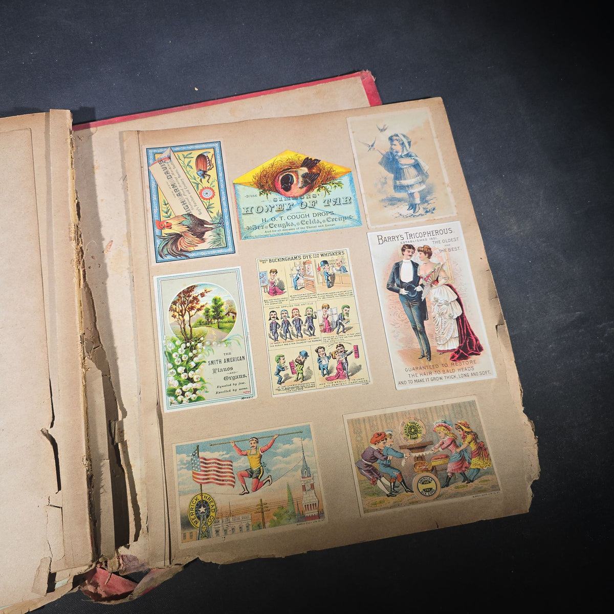 Antique Victorian "Scraps" Scrapbook Album with Over 100 Chromolithograph Trade Cards, Die Cuts, Greeting Cards, and Prints including Hires Root Beer, Great Atlantic & Pacific Tea Co., and Raphael Tuck & Sons