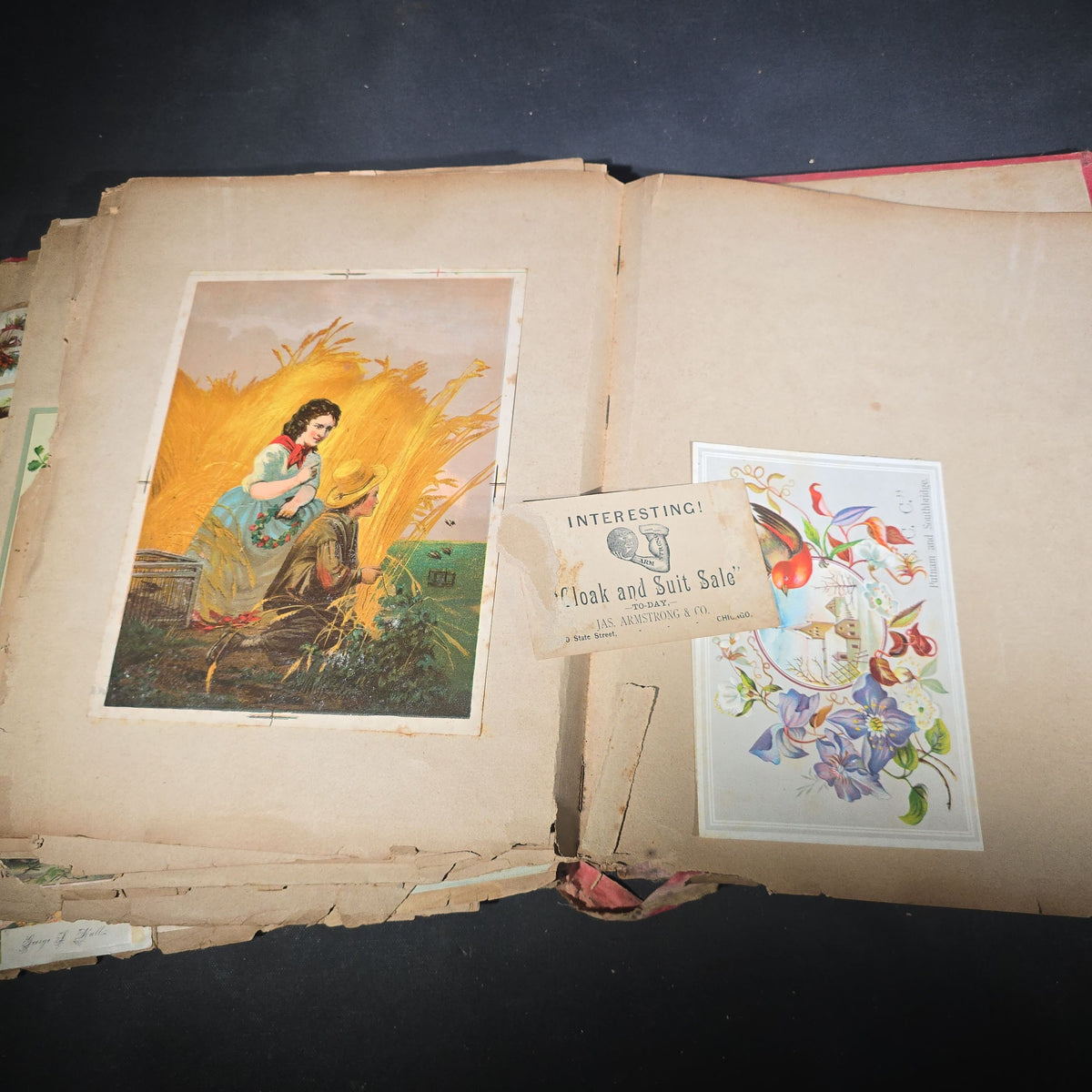 Antique Victorian "Scraps" Scrapbook Album with Over 100 Chromolithograph Trade Cards, Die Cuts, Greeting Cards, and Prints including Hires Root Beer, Great Atlantic & Pacific Tea Co., and Raphael Tuck & Sons