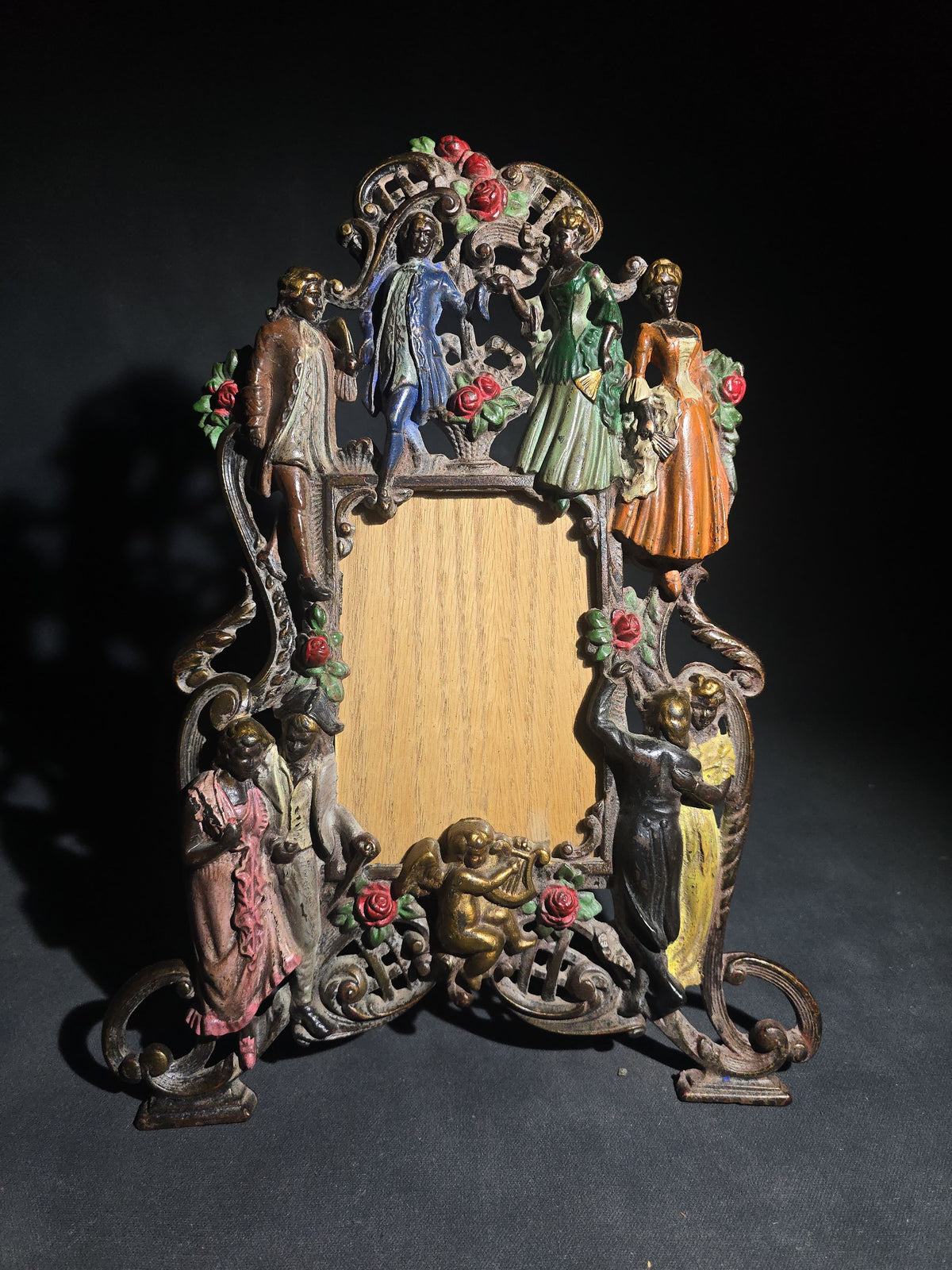 Antique Cold-Painted Cast Iron Figural Easel-Back Picture Frame with Courting Couples, Cherub, and Roses, British Rd. No. 576364