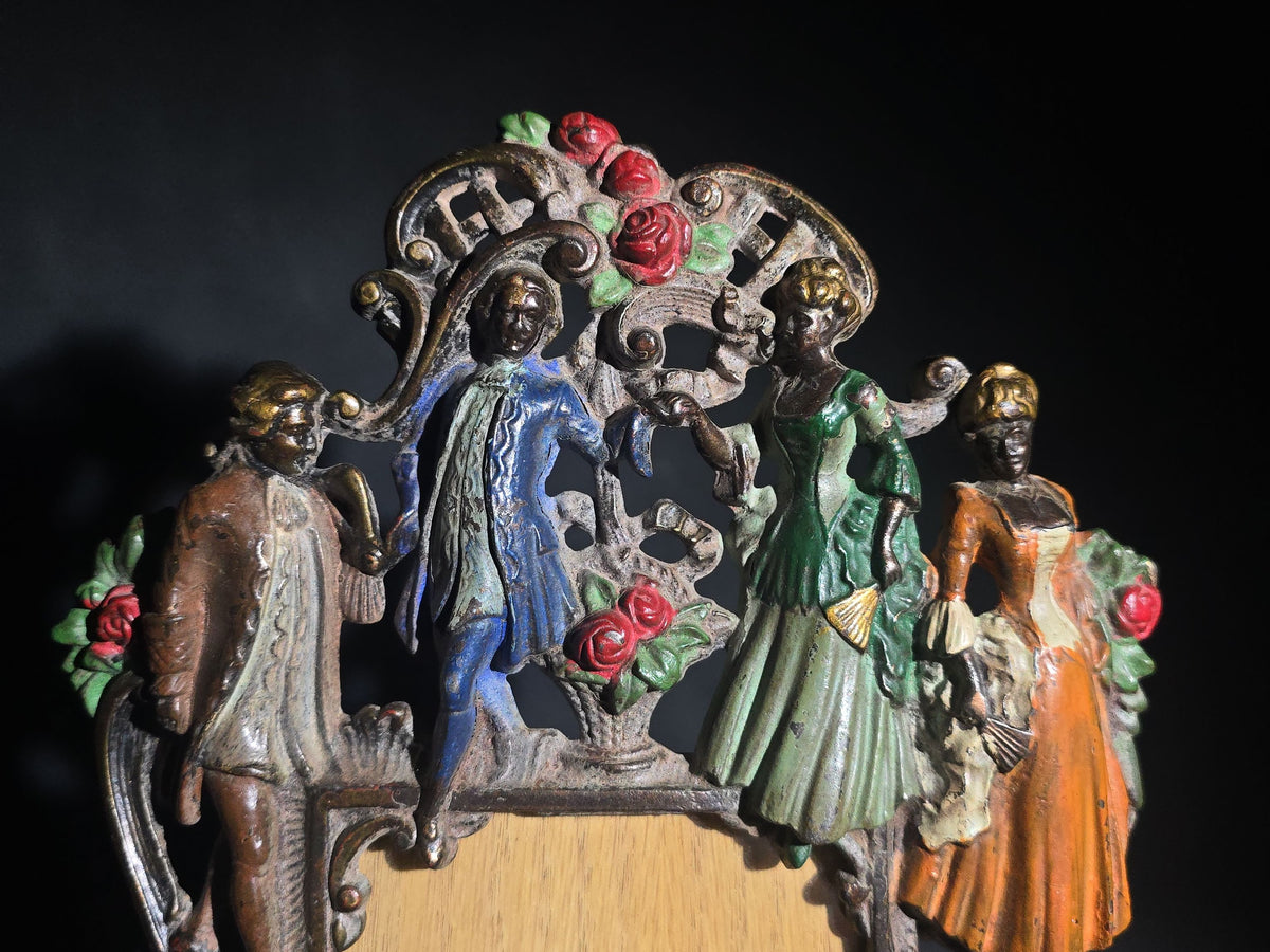 Antique Cold-Painted Cast Iron Figural Easel-Back Picture Frame with Courting Couples, Cherub, and Roses, British Rd. No. 576364