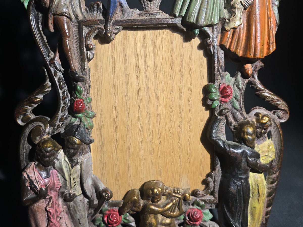 Antique Cold-Painted Cast Iron Figural Easel-Back Picture Frame with Courting Couples, Cherub, and Roses, British Rd. No. 576364