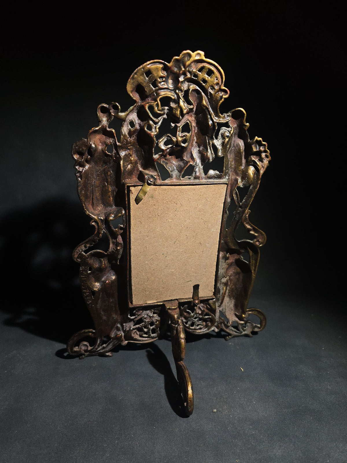 Antique Cold-Painted Cast Iron Figural Easel-Back Picture Frame with Courting Couples, Cherub, and Roses, British Rd. No. 576364
