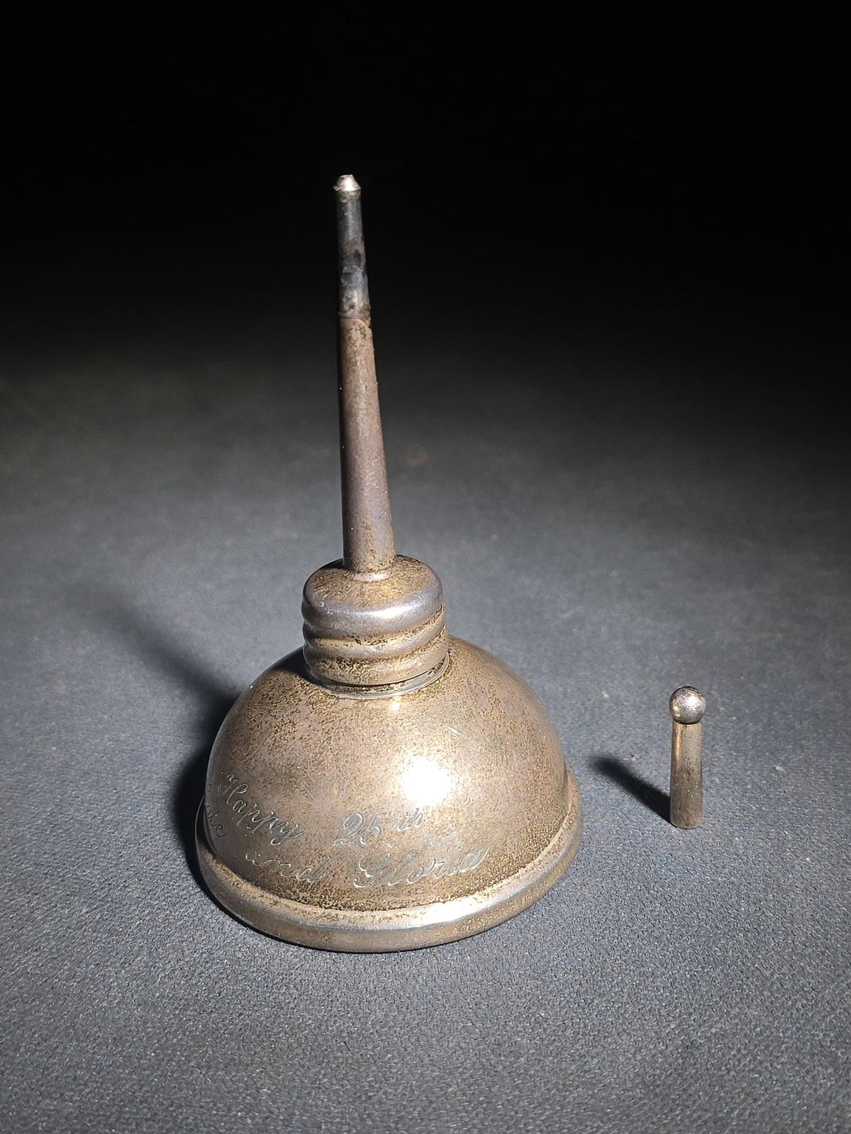 Vintage Tiffany & Co. Sterling Silver Miniature Oil Can Engraved "Happy 25th Gale and Gloria"