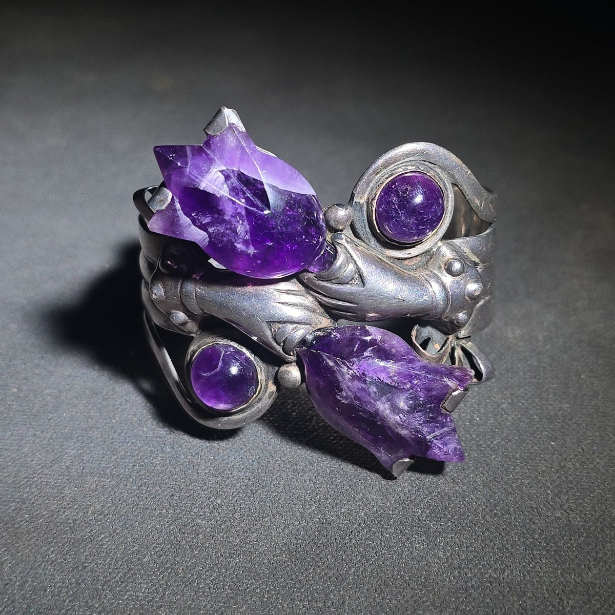 Vintage Taxco Sterling Silver Cuff Bracelet with Raw Amethyst Crystal Points and Cabochons, Signed R. Rivera, 925 Silver, Made in Mexico