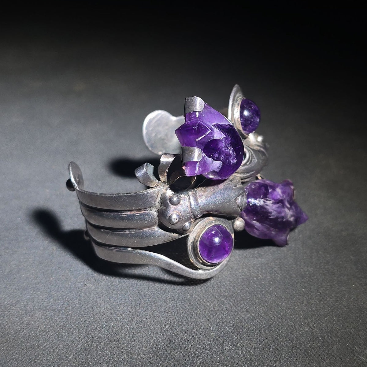 Vintage Taxco Sterling Silver Cuff Bracelet with Raw Amethyst Crystal Points and Cabochons, Signed R. Rivera, 925 Silver, Made in Mexico