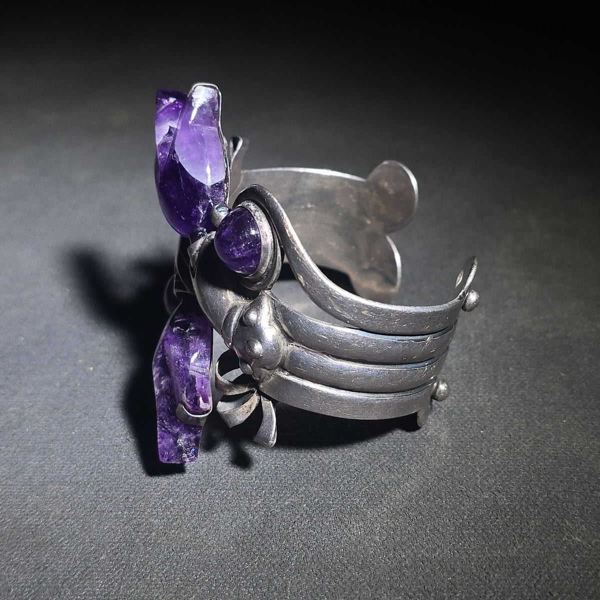 Vintage Taxco Sterling Silver Cuff Bracelet with Raw Amethyst Crystal Points and Cabochons, Signed R. Rivera, 925 Silver, Made in Mexico