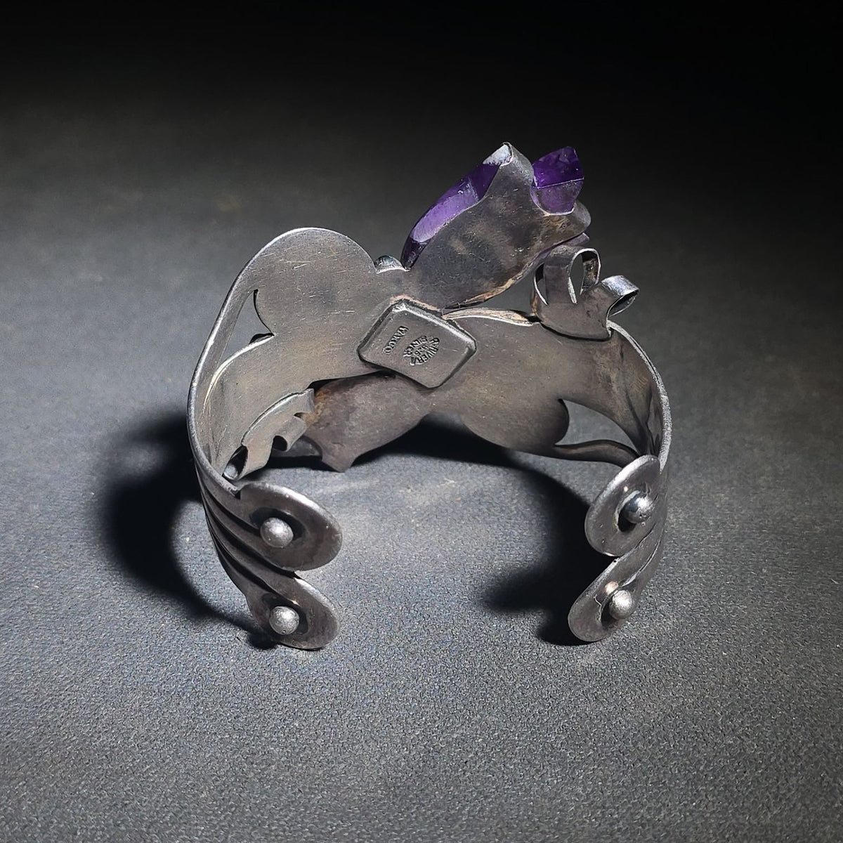 Vintage Taxco Sterling Silver Cuff Bracelet with Raw Amethyst Crystal Points and Cabochons, Signed R. Rivera, 925 Silver, Made in Mexico
