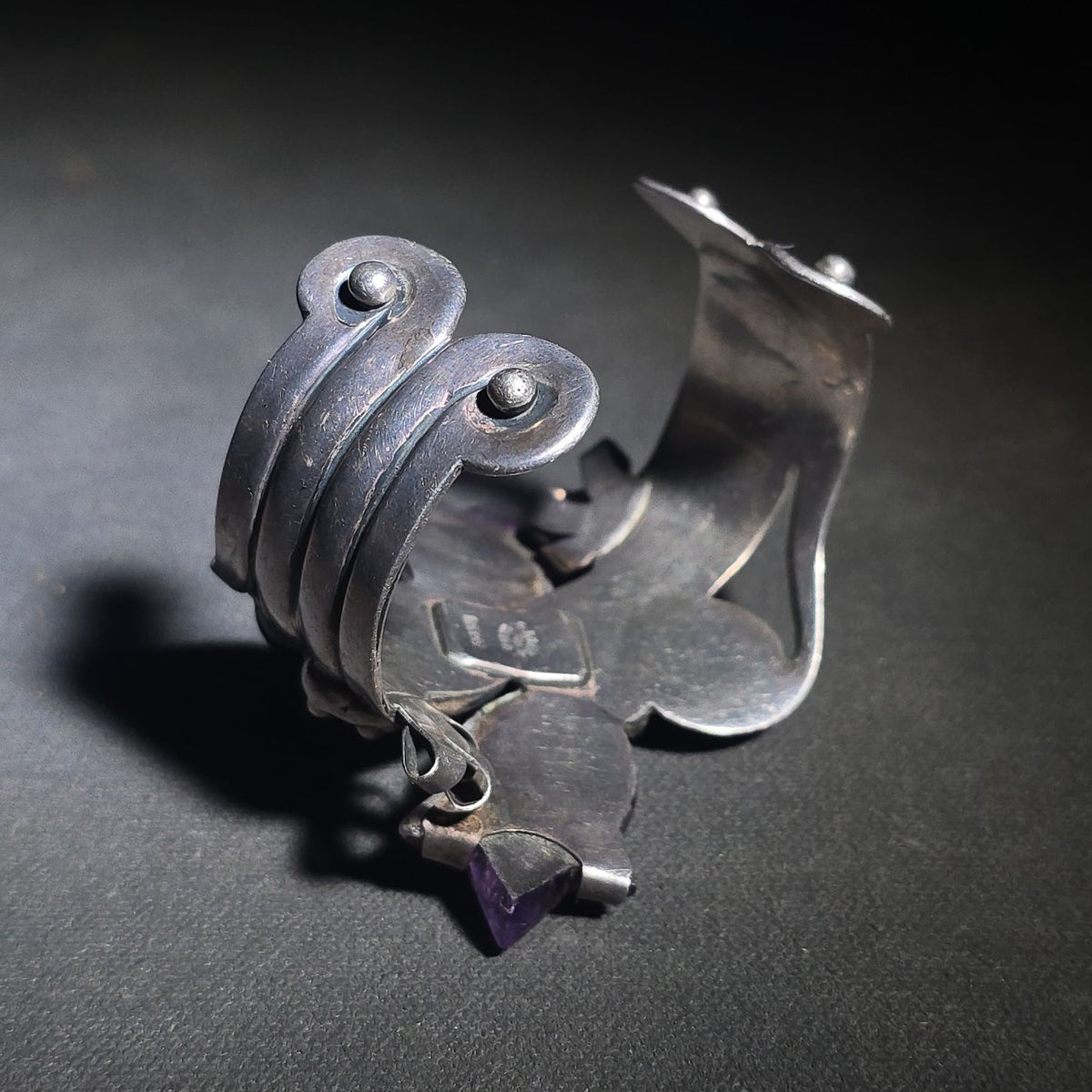 Vintage Taxco Sterling Silver Cuff Bracelet with Raw Amethyst Crystal Points and Cabochons, Signed R. Rivera, 925 Silver, Made in Mexico
