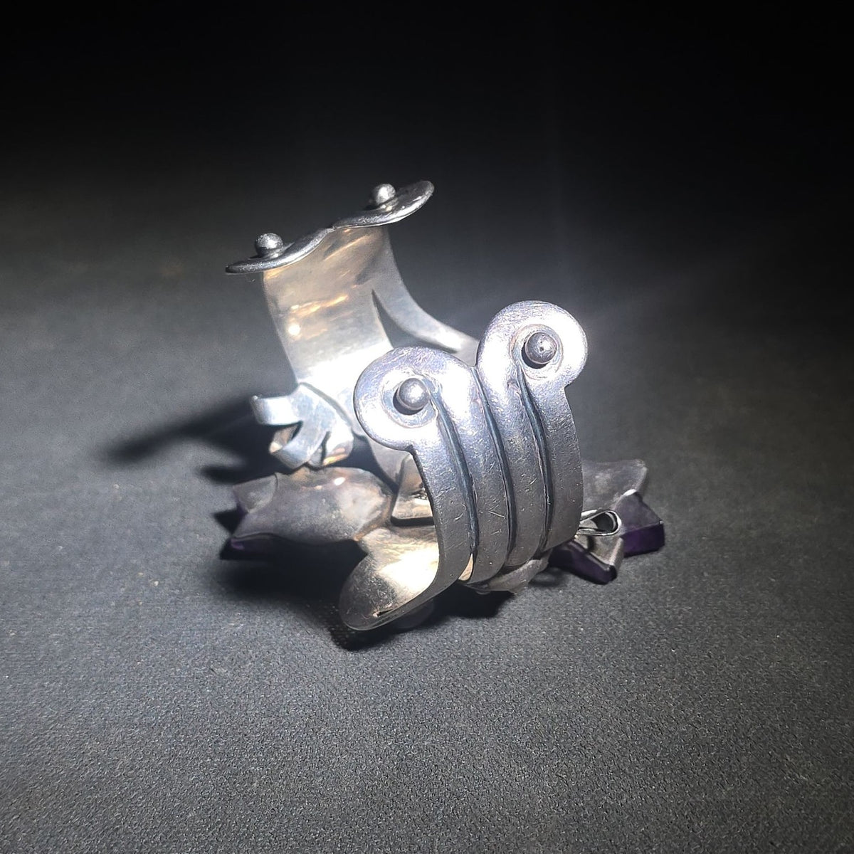Vintage Taxco Sterling Silver Cuff Bracelet with Raw Amethyst Crystal Points and Cabochons, Signed R. Rivera, 925 Silver, Made in Mexico