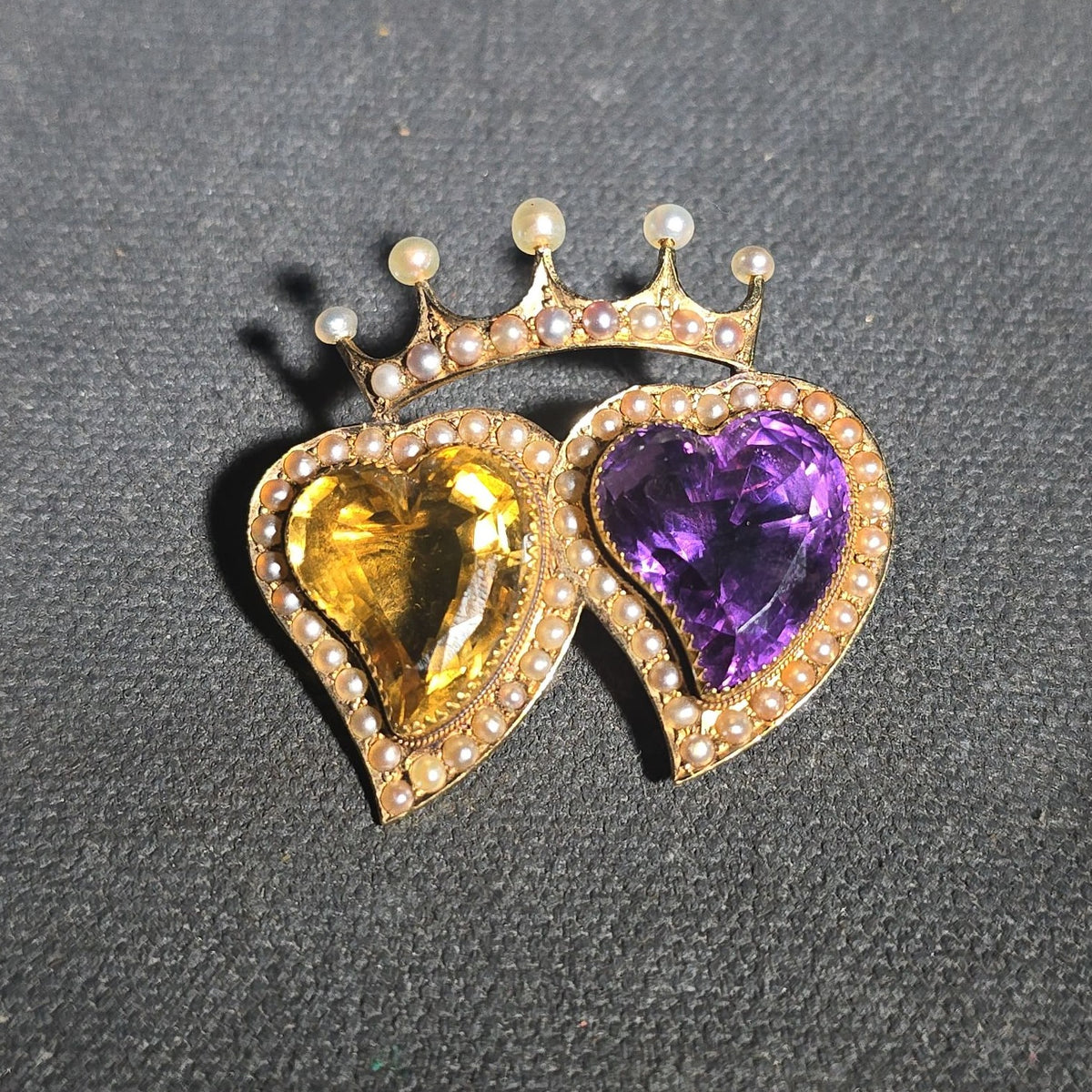 Antique 15ct Gold Double Heart and Crown Brooch with Amethyst, Citrine, and Seed Pearls