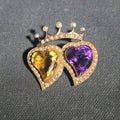 Lot 074 - Antique 15ct Gold Double Heart and Crown Brooch with Amethyst, Citrine, and Seed Pearls, 1-3/8" W, Total Weight 8.92 g