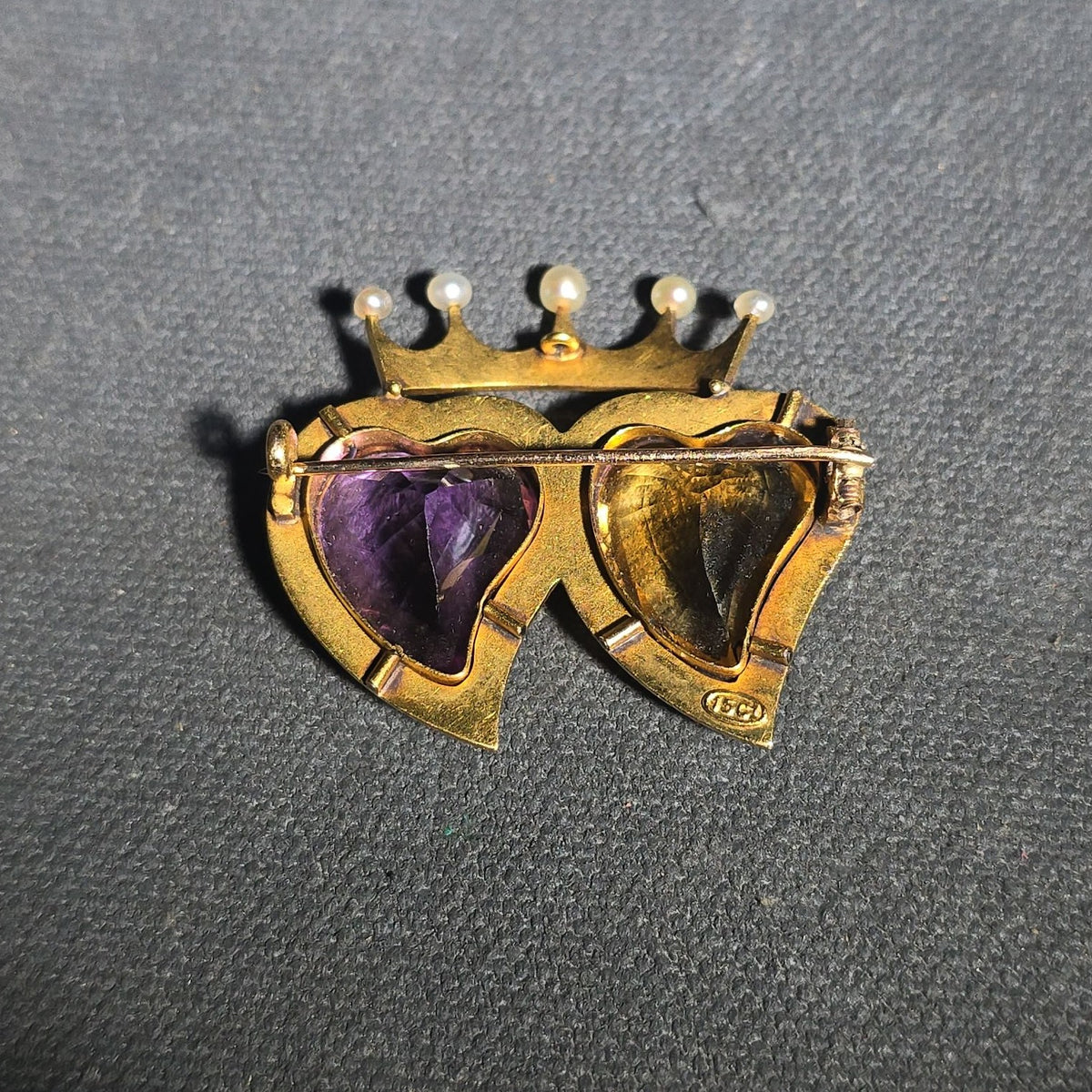 Antique 15ct Gold Double Heart and Crown Brooch with Amethyst, Citrine, and Seed Pearls