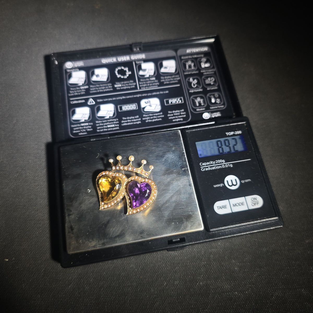 Antique 15ct Gold Double Heart and Crown Brooch with Amethyst, Citrine, and Seed Pearls