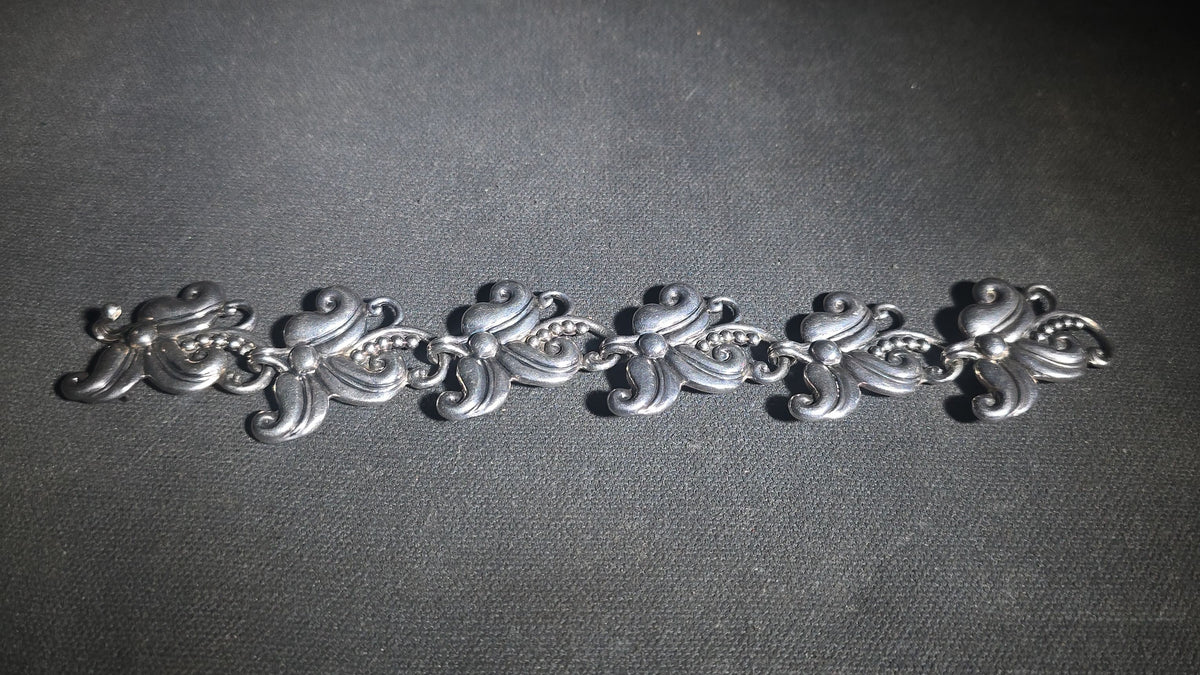 Vintage Sterling Silver Link Bracelet with Scroll and Bead Motif, Margot de Taxco, Mexico
