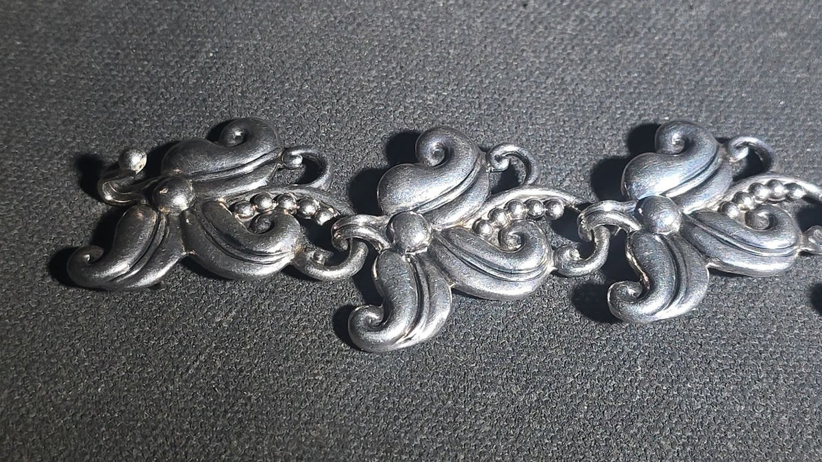 Vintage Sterling Silver Link Bracelet with Scroll and Bead Motif, Margot de Taxco, Mexico