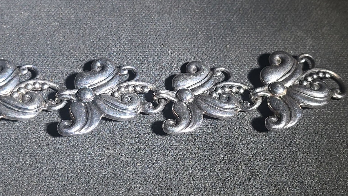 Vintage Sterling Silver Link Bracelet with Scroll and Bead Motif, Margot de Taxco, Mexico