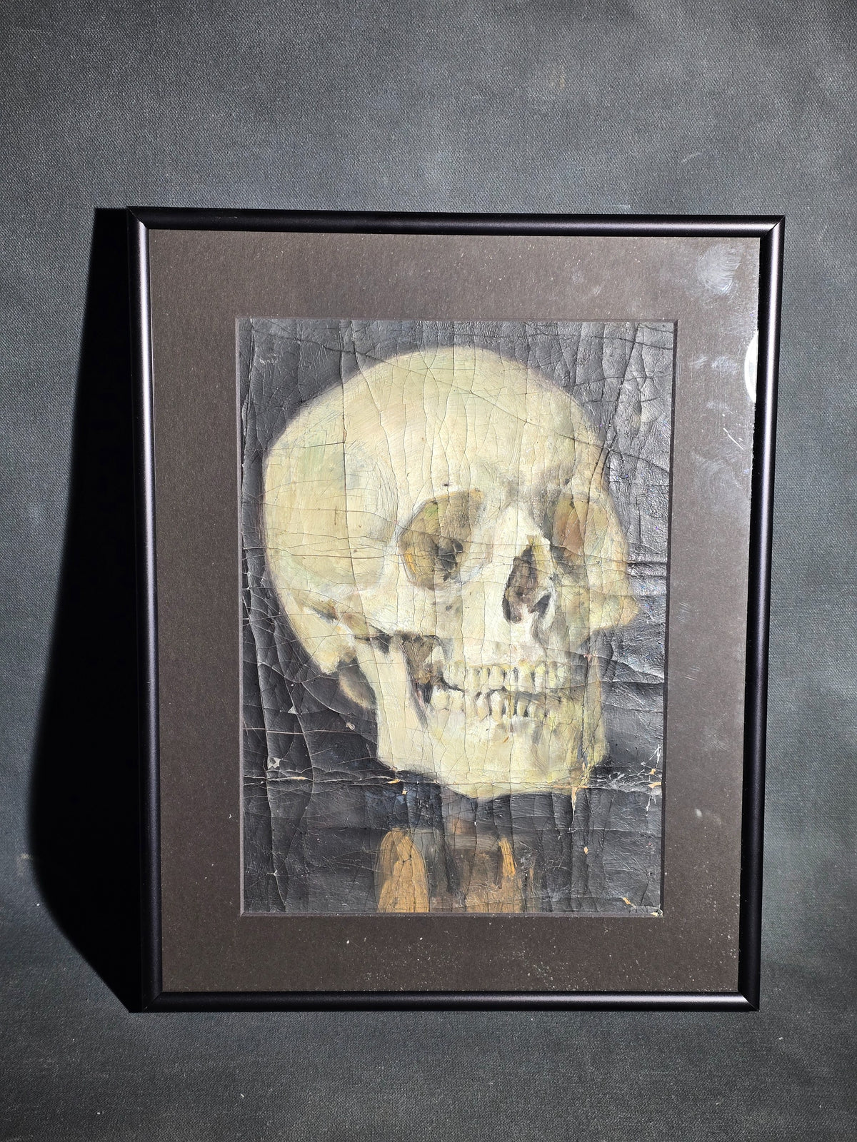 Vintage Oil Painting on Canvas, Human Skull Study Against a Dark Background, Unsigned, in Modern Frame