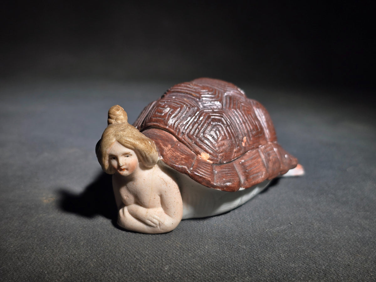 Antique Bisque Porcelain Figural Turtle Trinket Box with Bathing Beauty Figure