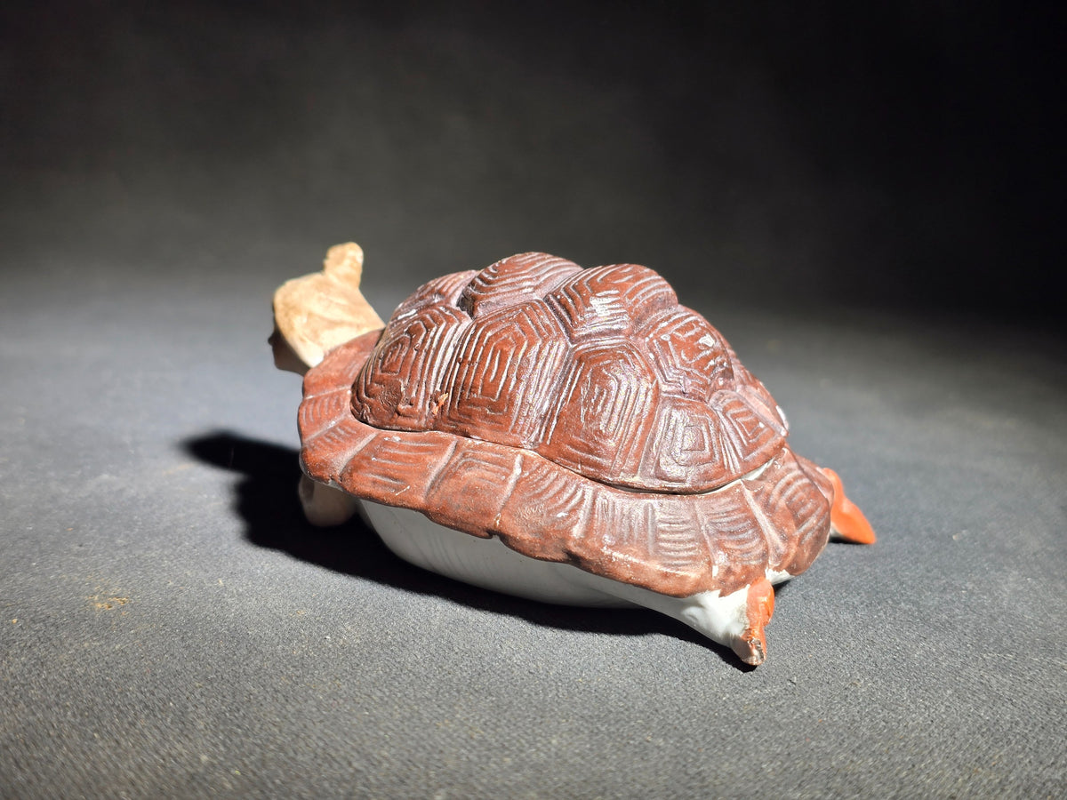 Antique Bisque Porcelain Figural Turtle Trinket Box with Bathing Beauty Figure