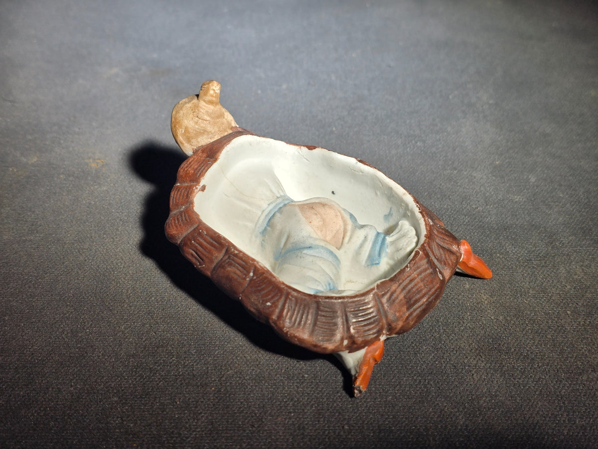 Antique Bisque Porcelain Figural Turtle Trinket Box with Bathing Beauty Figure