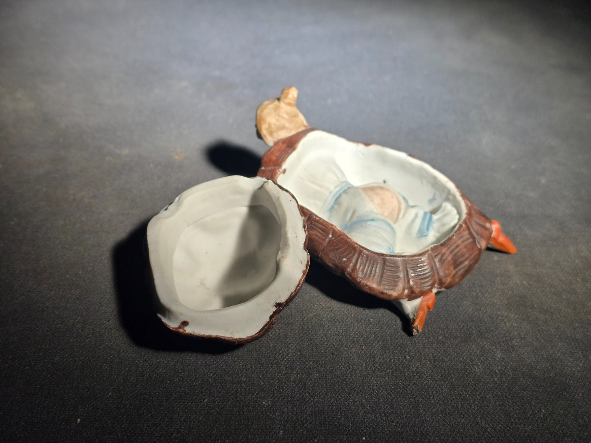 Antique Bisque Porcelain Figural Turtle Trinket Box with Bathing Beauty Figure